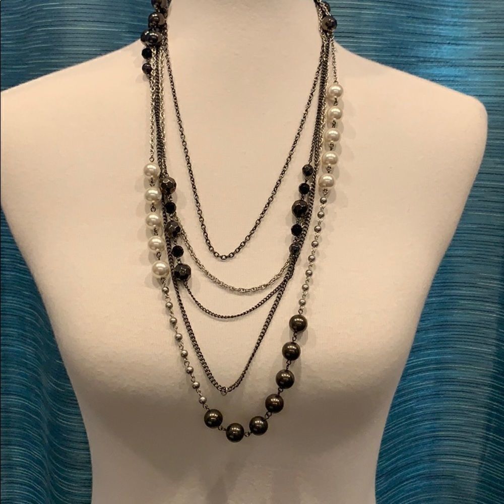 🌟 Long Layered Black and Silver Beaded Necklace - Boho Chic Elegance
